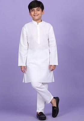 White Solid Blended Kurta Set For Boys