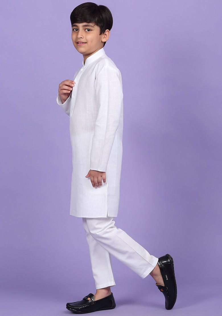 White Solid Blended Kurta Set For Boys - Indya