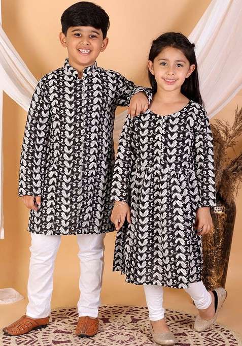 Black Embroidered Cotton Kurta Set For Boys