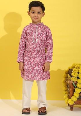 Pink Printed Blended Kurta Set For Boys