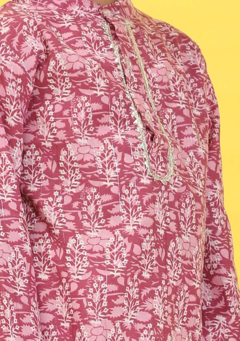 Pink Printed Blended Kurta Set For Boys - Indya