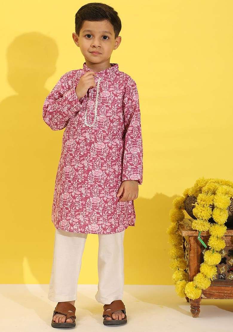 Pink Printed Blended Kurta Set For Boys - Indya