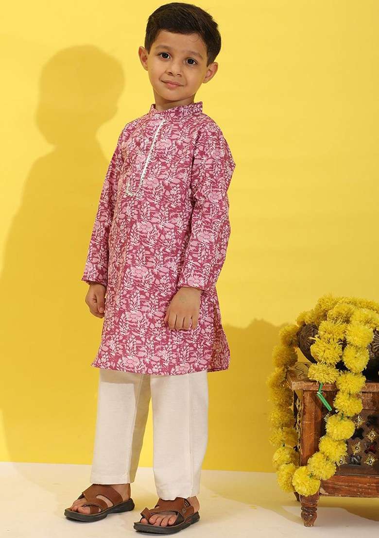 Pink Printed Blended Kurta Set For Boys - Indya