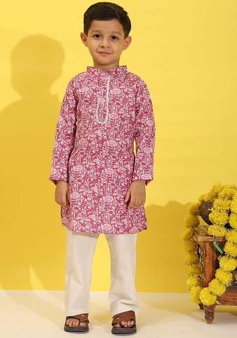 Pink Printed Blended Kurta Set For Boys