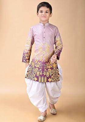 Purple Embroidered Viscose Rayon Kurta Set For Boys
