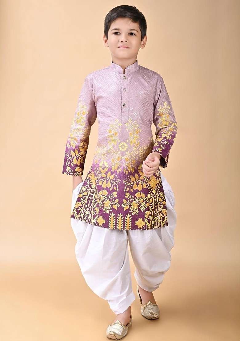 Purple Embroidered Viscose Rayon Kurta Set For Boys - Indya
