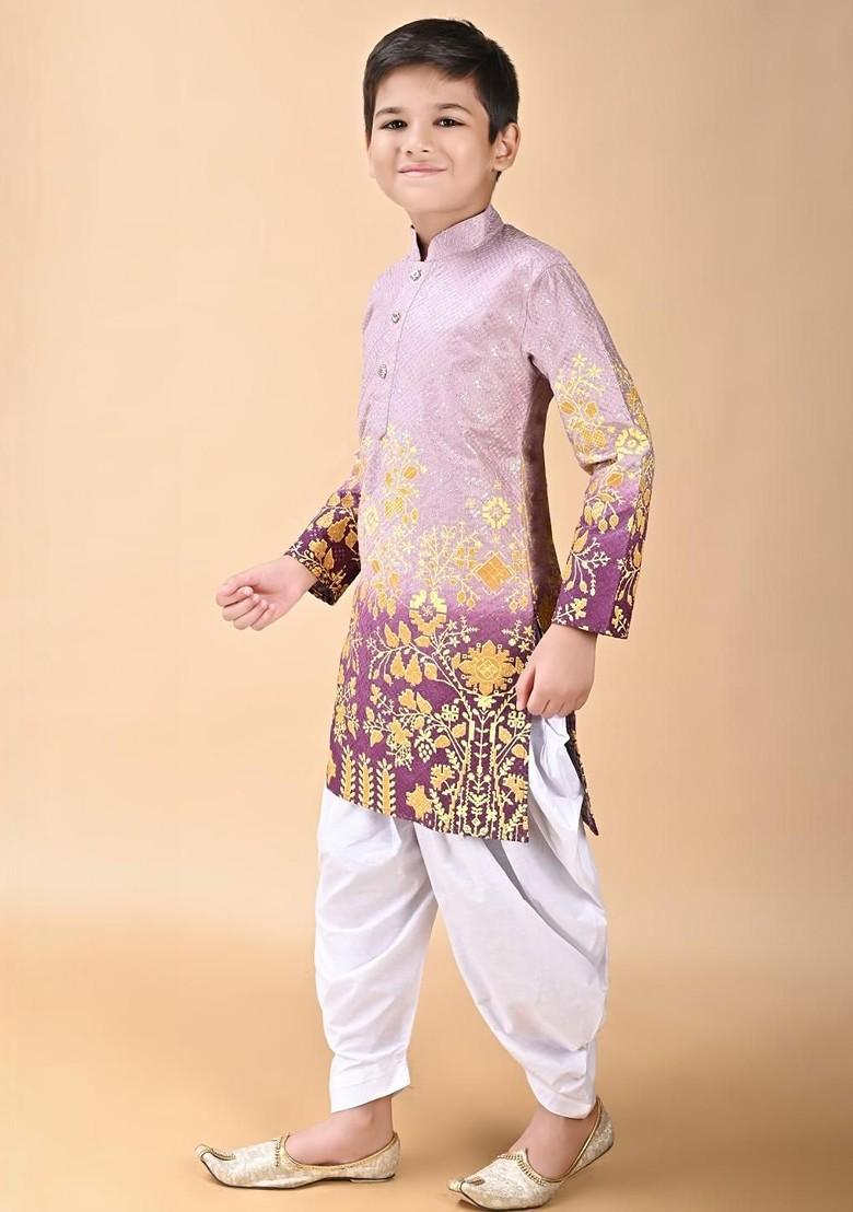 Purple Embroidered Viscose Rayon Kurta Set For Boys - Indya