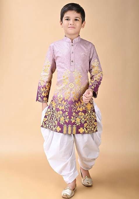 Purple Embroidered Viscose Rayon Kurta Set For Boys