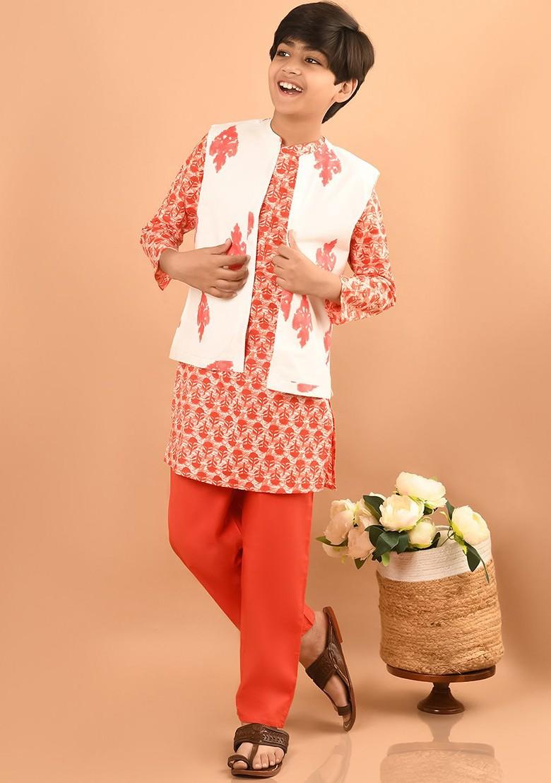 Pink Printed Cotton Kurta Set For Boys - Indya