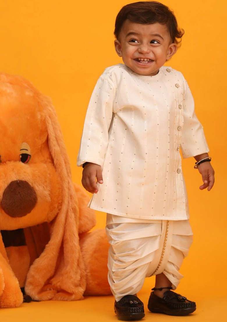 White Embroidered Blended Kurta Dhoti Set For Boys - Indya