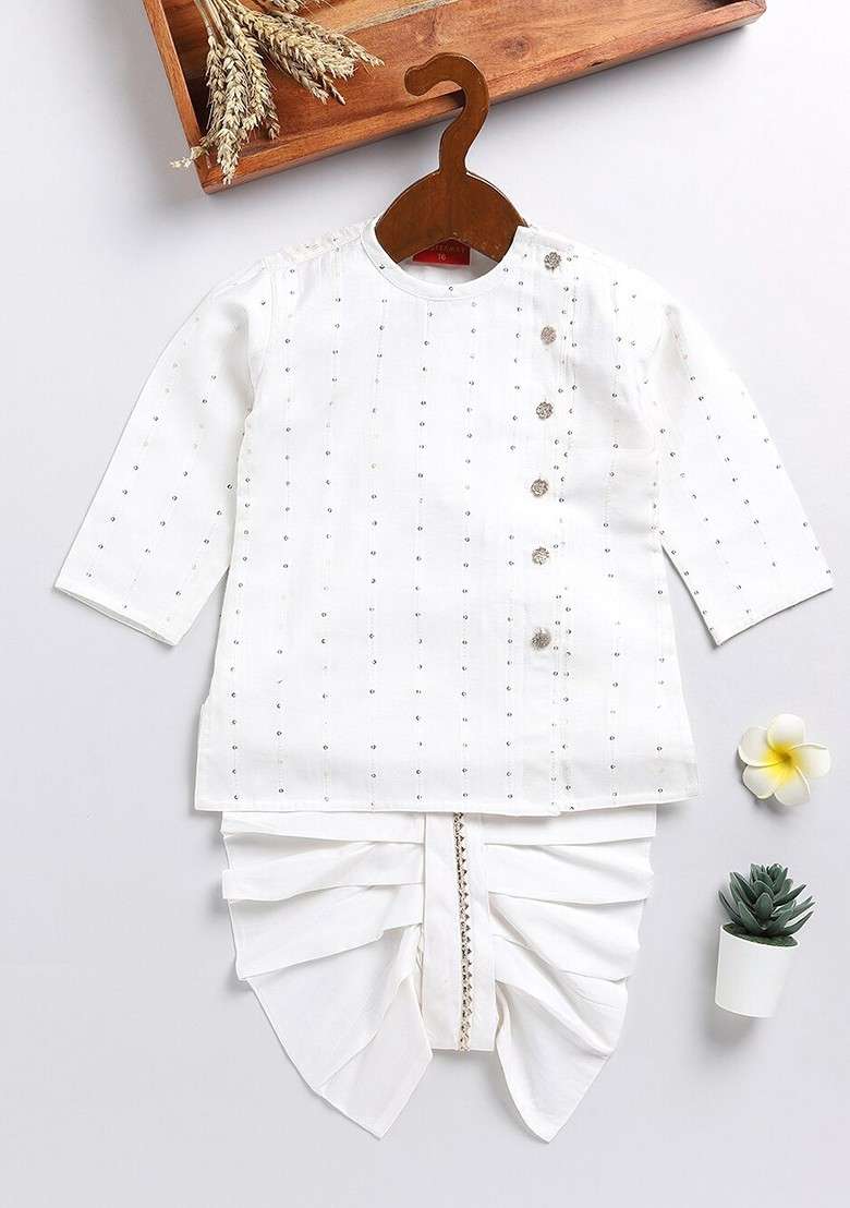 White Embroidered Blended Kurta Dhoti Set For Boys - Indya