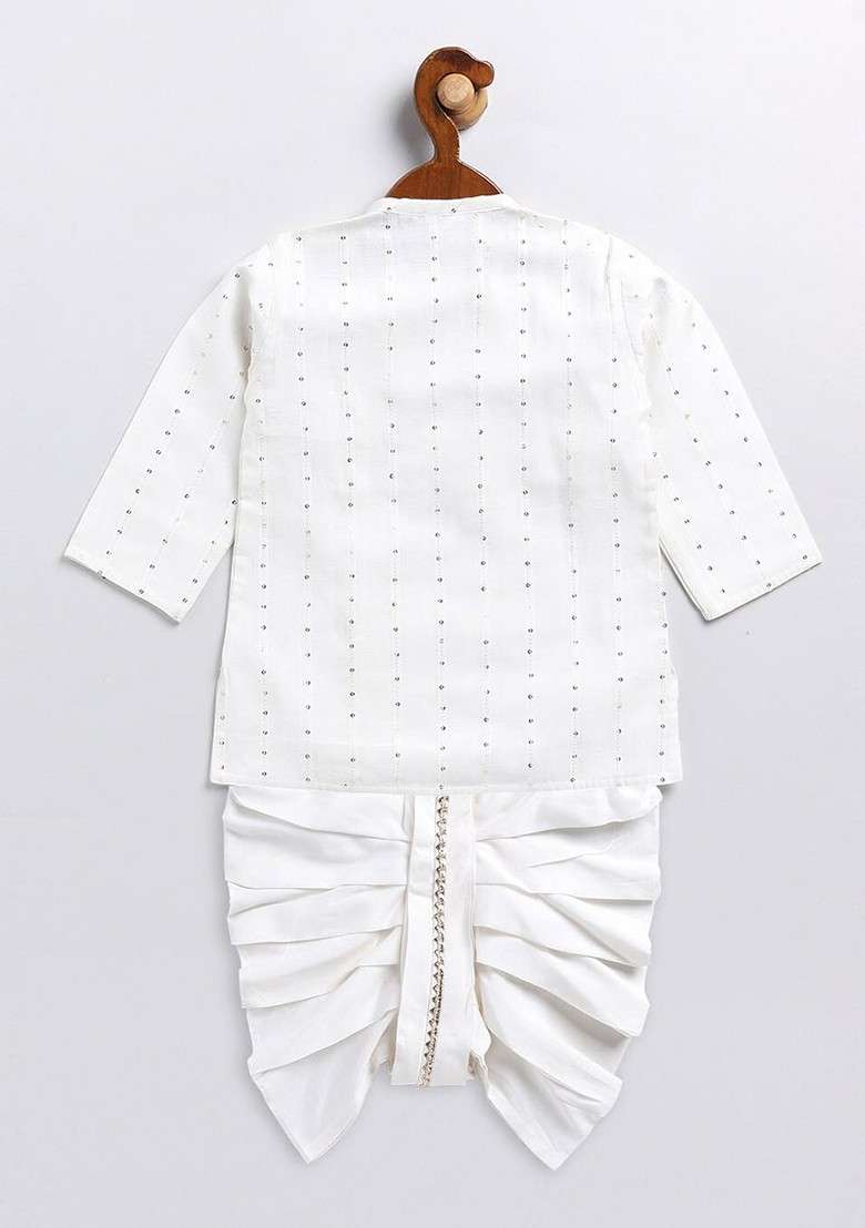White Embroidered Blended Kurta Dhoti Set For Boys - Indya