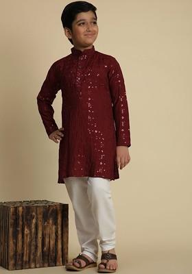 Maroon Embroidered Cotton Kurta Set For Boys