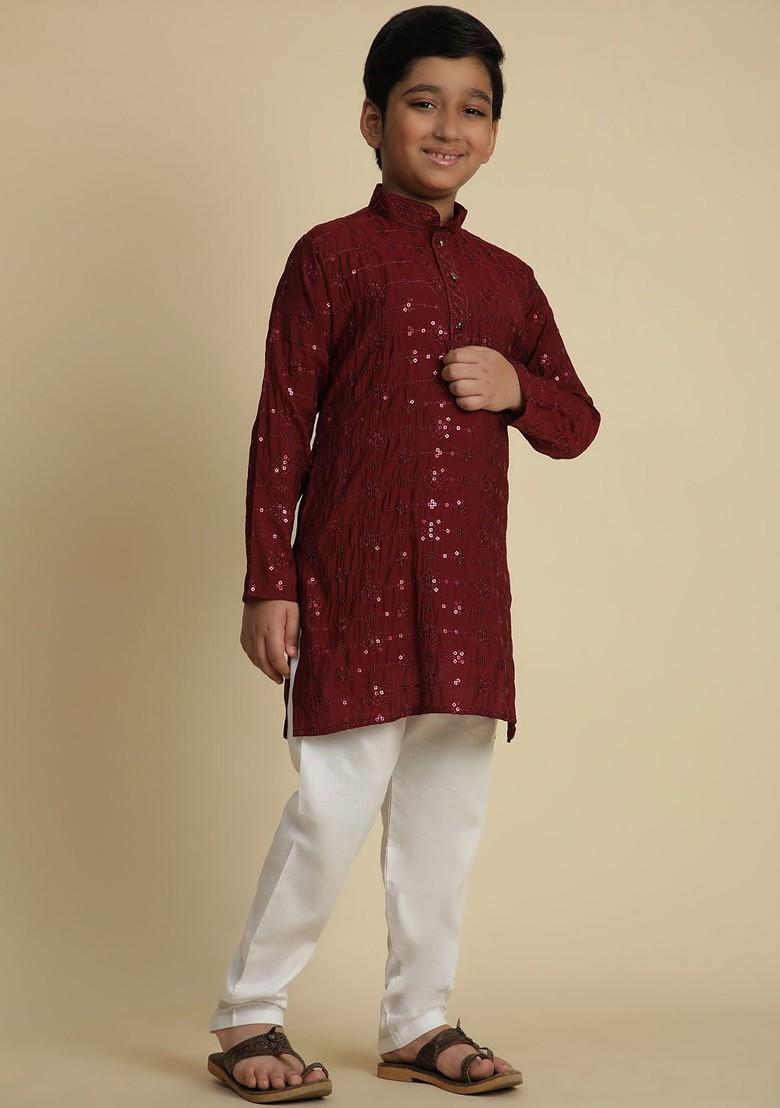 Maroon Embroidered Cotton Kurta Set For Boys - Indya