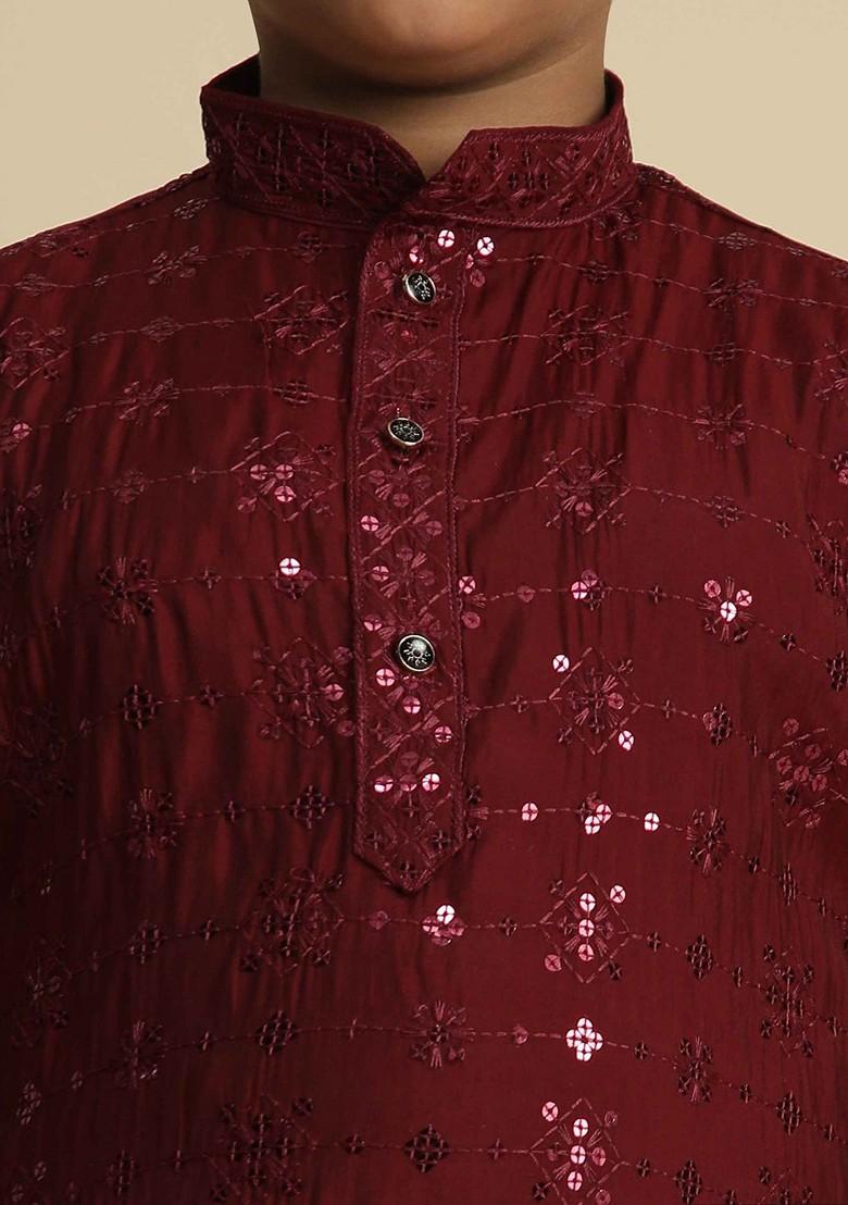 Maroon Embroidered Cotton Kurta Set For Boys - Indya