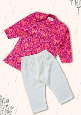Pink Printed Cotton Kurta Set For Boys