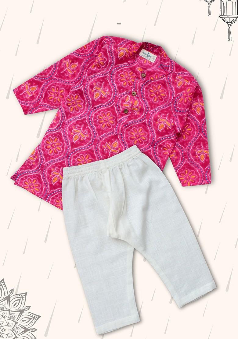 Pink Printed Cotton Kurta Set For Boys - Indya