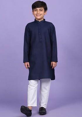 Navy Blue Embroidered Blended Kurta Set For Boys