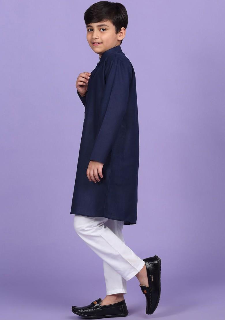 Navy Blue Embroidered Blended Kurta Set For Boys - Indya