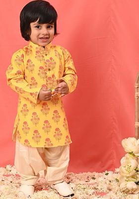 Mustard Printed Blended Kurta Set For Boys