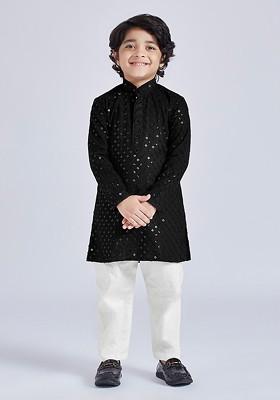 Black Embroidered Blended Kurta Set For Boys