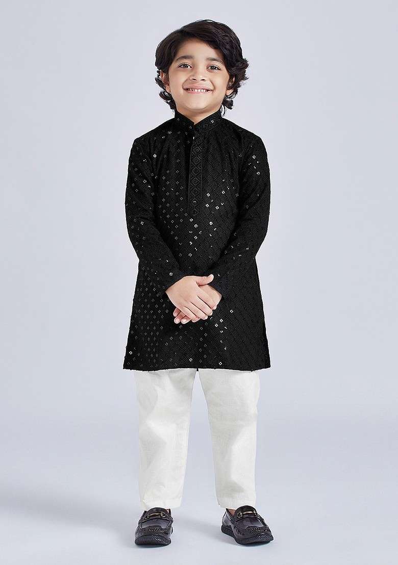 Black Embroidered Blended Kurta Set For Boys - Indya
