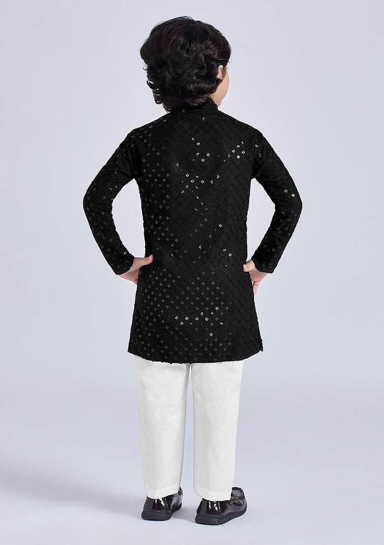 Black Embroidered Blended Kurta Set For Boys - Indya