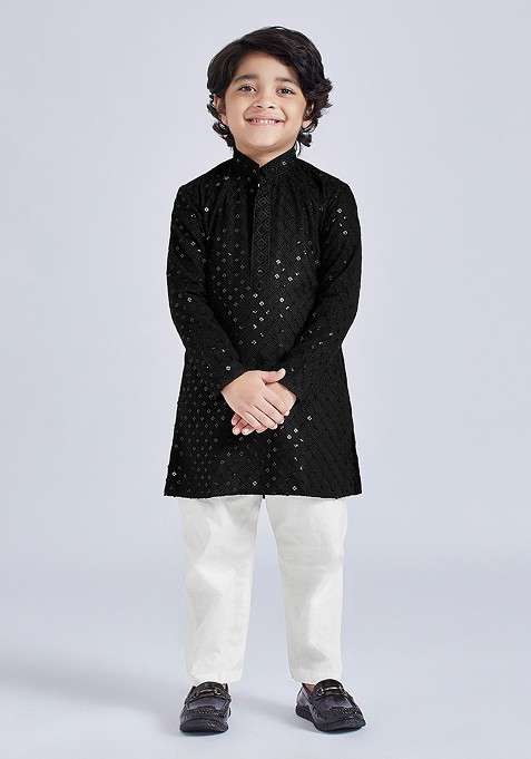 Black Embroidered Blended Kurta Set For Boys
