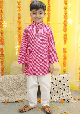 Pink Printed Cotton Kurta Set For Boys