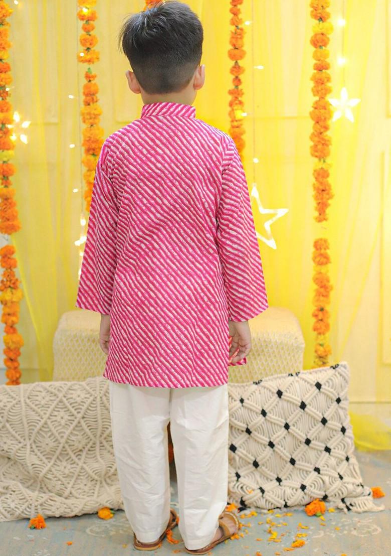 Pink Printed Cotton Kurta Set For Boys - Indya