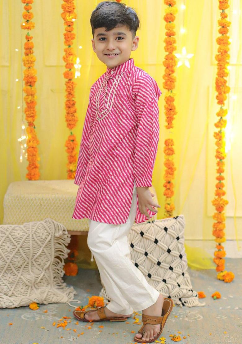 Pink Printed Cotton Kurta Set For Boys - Indya