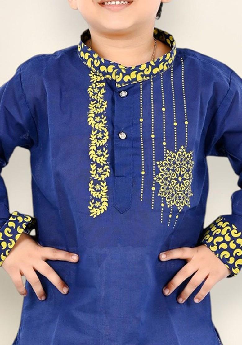 Navy Blue Printed Blended Kurta Set For Boys - Indya