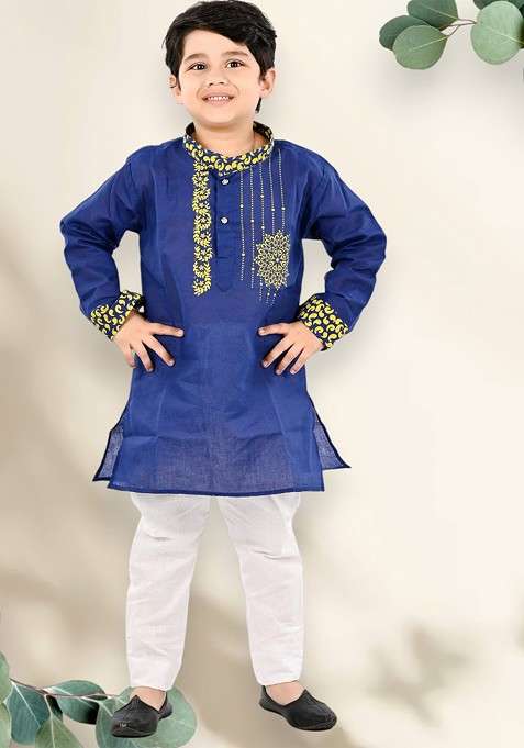 Navy Blue Printed Blended Kurta Set For Boys