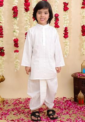 White Striped Blended Kurta Dhoti Set For Boys