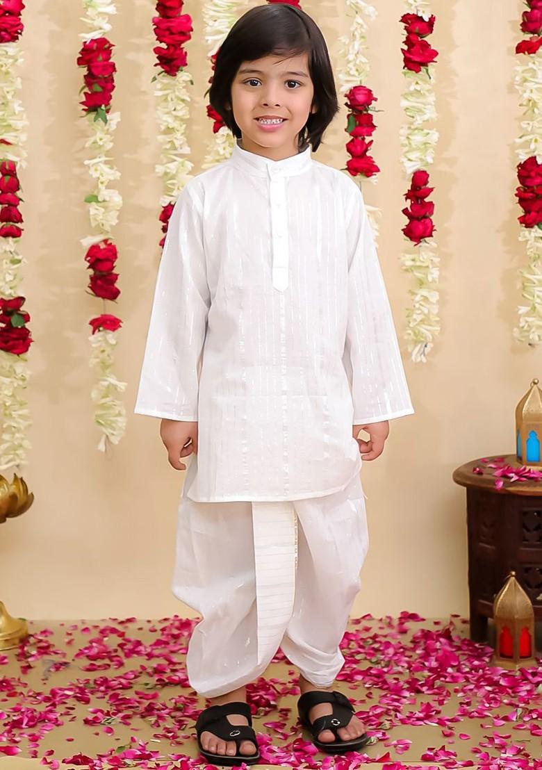 White Striped Blended Kurta Dhoti Set For Boys - Indya