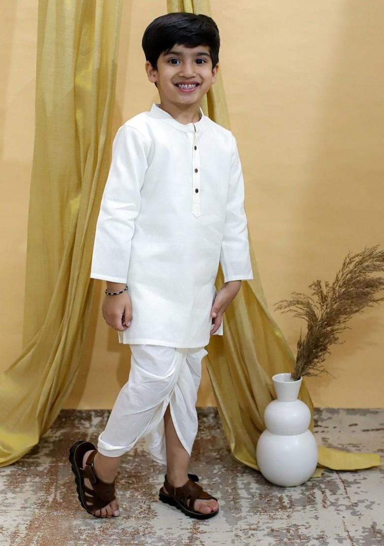 White Embroidered Cotton Kurta Dhoti Set For Boys - Indya