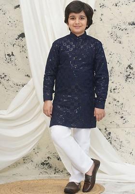 Navy Blue Embroidered Blended Kurta Set For Boys