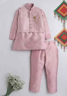 Pink Embroidered Blended Nehru Jacket Set For Boys