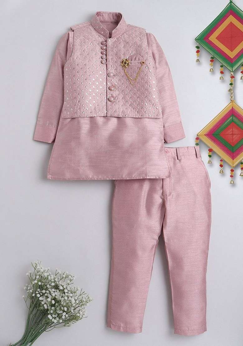 Pink Embroidered Blended Nehru Jacket Set For Boys - Indya