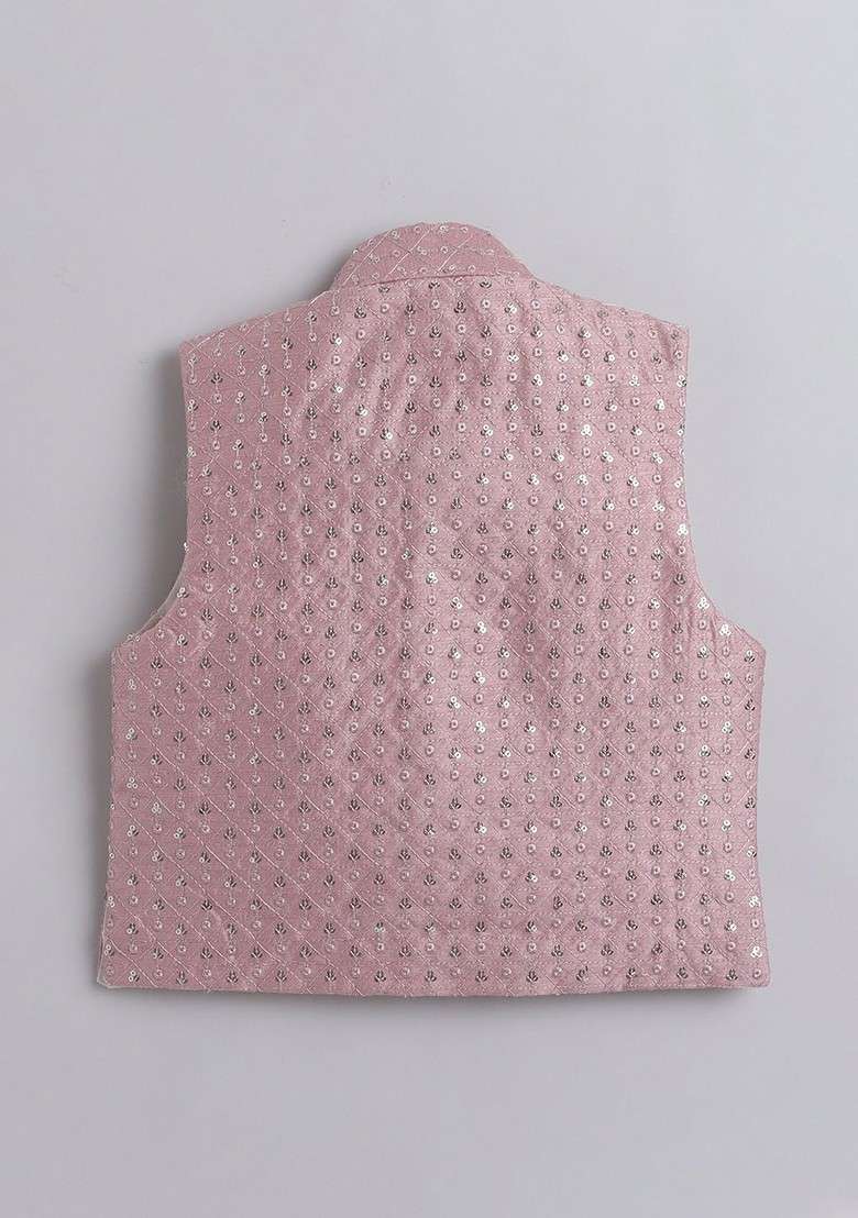 Pink Embroidered Blended Nehru Jacket Set For Boys - Indya