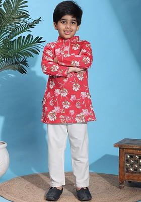 Red Printed Blended Kurta Set For Boys