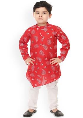 Red Printed Blended Kurta Set For Boys