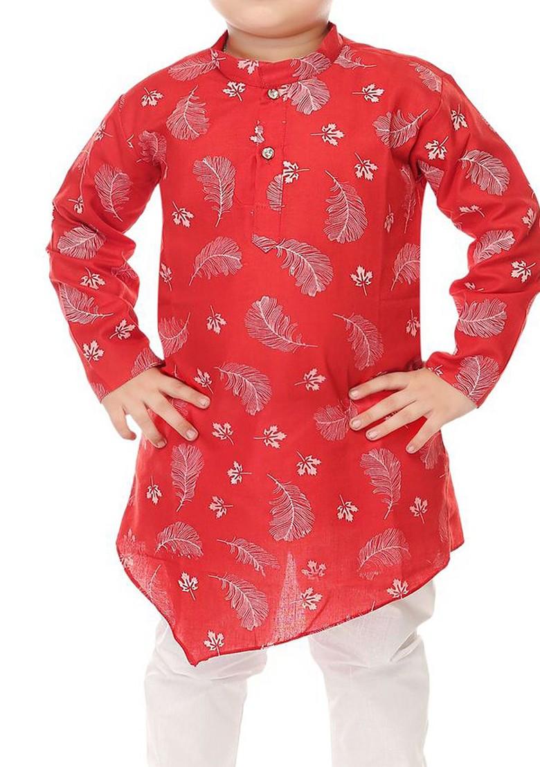 Red Printed Blended Kurta Set For Boys - Indya