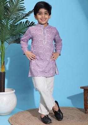 Purple Printed Blended Kurta Set For Boys