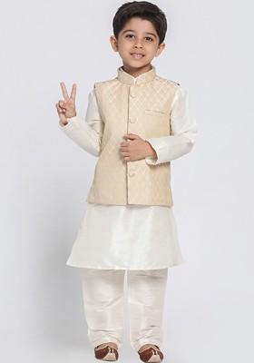 Cream Self Design Blended Kurta Set For Boys