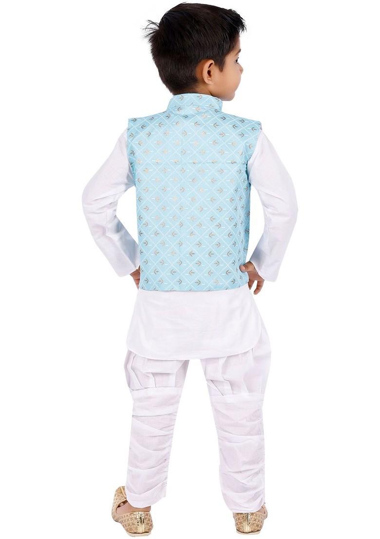 White Printed Blended Nehru Jacket Set For Boys - Indya