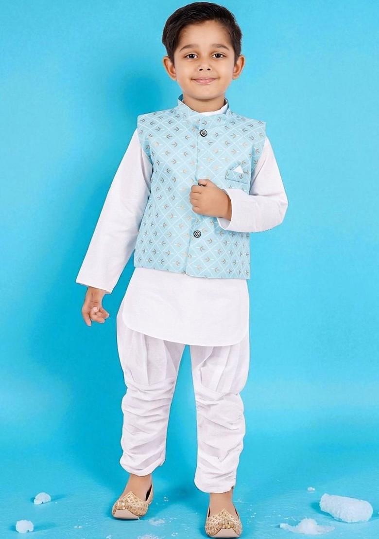 White Printed Blended Nehru Jacket Set For Boys - Indya