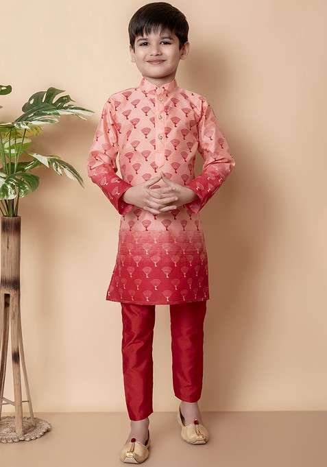 Peach Printed Blended Kurta Set For Boys