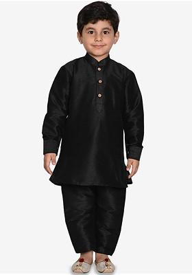 Black Thread Work Blended Kurta Set For Boys