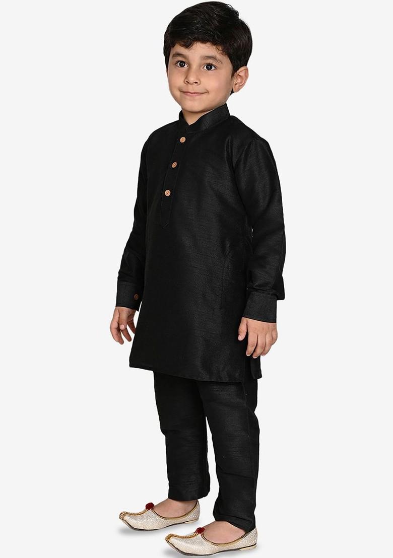 Black Thread Work Blended Kurta Set For Boys - Indya